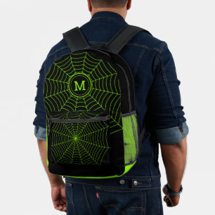 Schwarze neon-grüne Spinnennetz-Halloween-Monogram Bedruckter Rucksack
