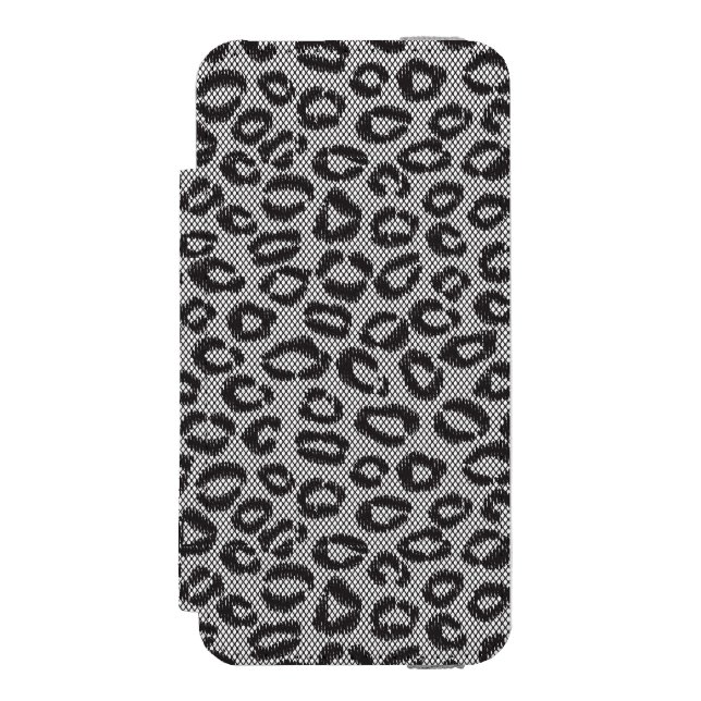 Schwarze Nettospitze mit Leopardmuster auf Weiß Incipio iPhone Geldbeutel-Hülle (Folio Vorderseite)