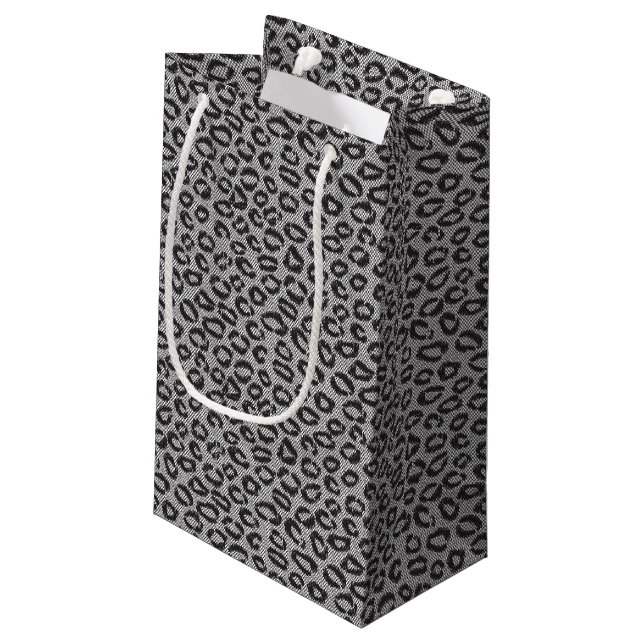 Schwarze Nettospitze mit Leopardmuster auf Weiß Kleine Geschenktüte (Rückseite Schrägansicht)