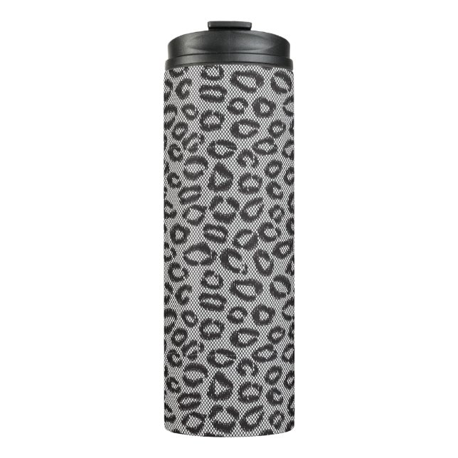 Schwarze Nettospitze mit Leopardmuster auf Weiß Thermosbecher (Vorderseite)