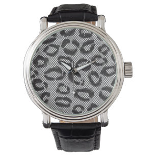 Schwarze Netzspitze mit Leopardenmuster auf weißem Armbanduhr