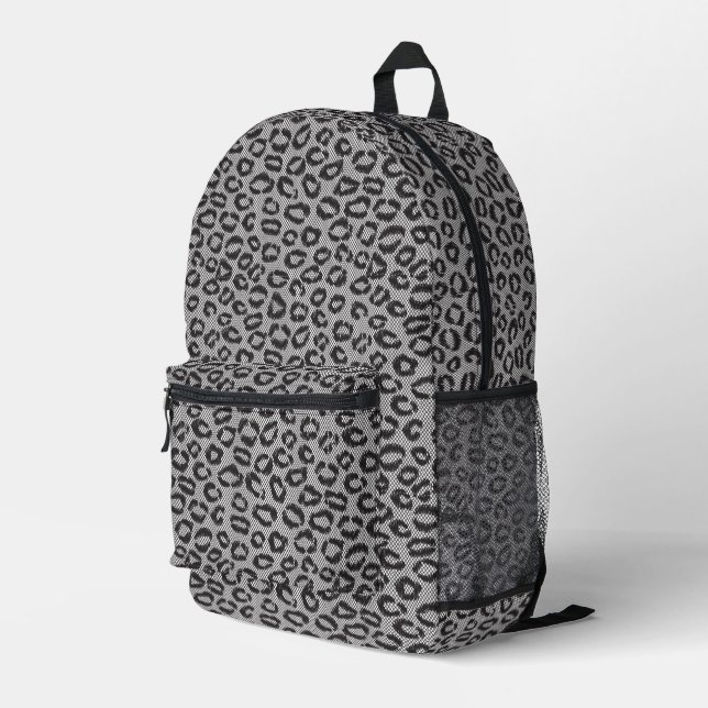 Schwarze Netzspitze mit Leopardenmuster auf weißem Bedruckter Rucksack (Rückseitige Ecke Rechts)