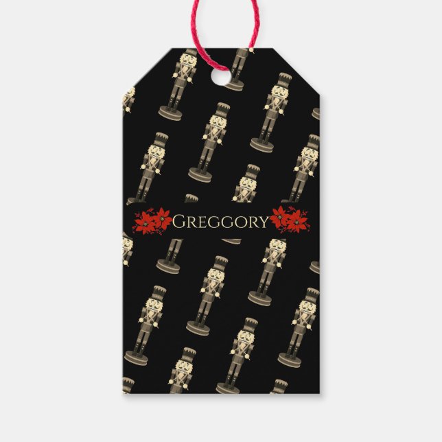 Schwarze Nussknacker Soldat Poinsettie Geschenkanh Geschenkanhänger (Vorderseite)
