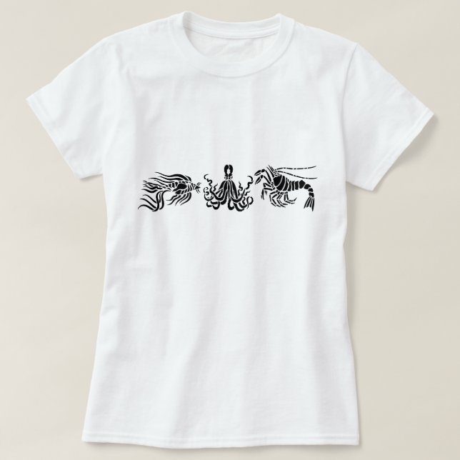 Schwarze Octopus Lobster & Fish Illustration T-Shirt (Design vorne)