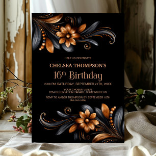 Schwarze orange Blumenparty zum 16. Geburtstag Einladung