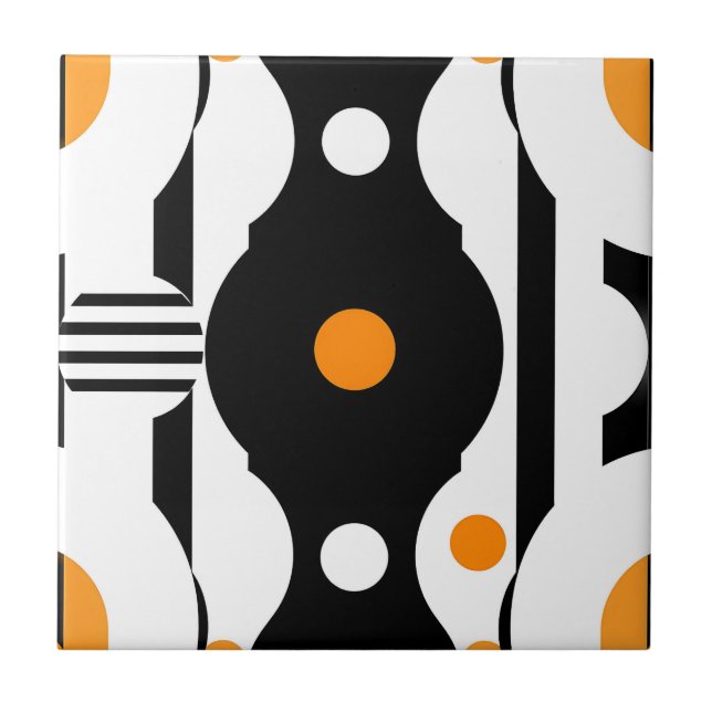 Schwarze Orange Retro-Mod-Geometrie Fliese (Vorderseite)