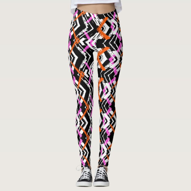 Schwarze, orange und rosa Hand gezeichnetes Leggings (Vorderseite)