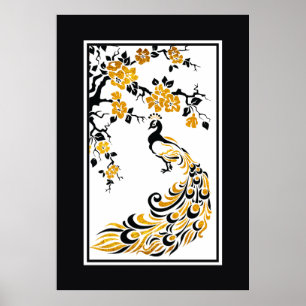 Schwarze, orangefarbene Pfau- und Kirschblüten Poster