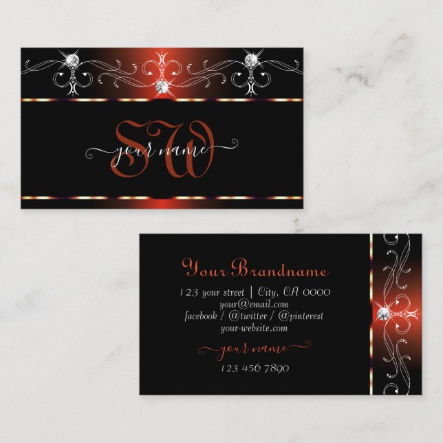 Schwarze Orangenquiggles Sparkle Diamonds Monogram Visitenkarte (Vorne/Hinten)