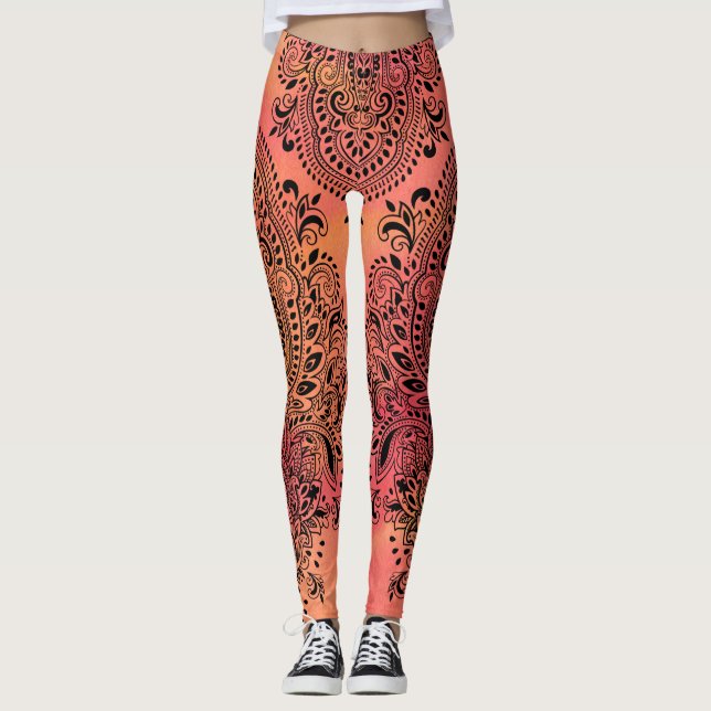 Schwarze Ornamente im wirbelfarbenen und rosa-gelb Leggings (Vorderseite)
