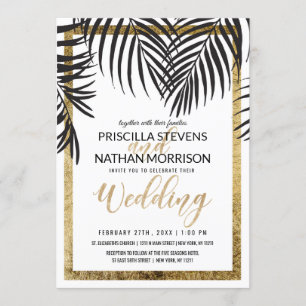 Schwarze Palme-Wedel-Goldgrenzmoderne Hochzeit Einladung