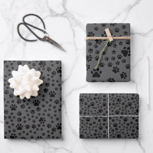 Schwarze Paw-Prints auf dunkelgrau Geschenkpapier Set