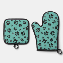 Schwarze Paw Prints Design Ofenhandschuh & Topflappen-Set