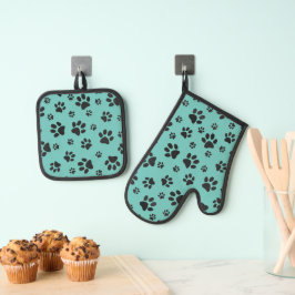 Schwarze Paw Prints Design Ofenhandschuh & Topflappen-Set