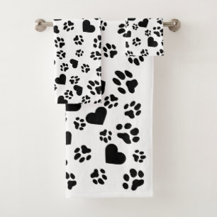 Schwarze Paw-Prints und Herzmuster Badhandtuch Set