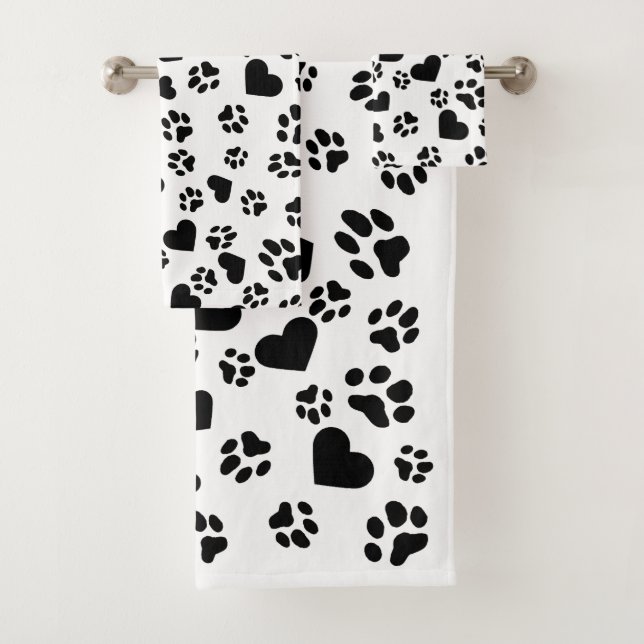 Schwarze Paw-Prints und Herzmuster Badhandtuch Set (Insitu)