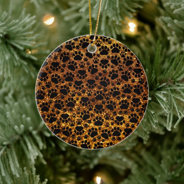 Schwarze Paws, Gold Glitzer, Blue Glitzer, Hundepa Keramik Ornament (Baum)