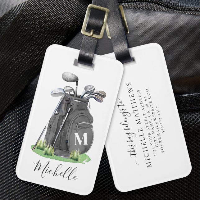 Schwarze personalisierte Monogramm-Golftasche Gepäckanhänger (Black Personalized Monogram Golf Bag Luggage Tag)