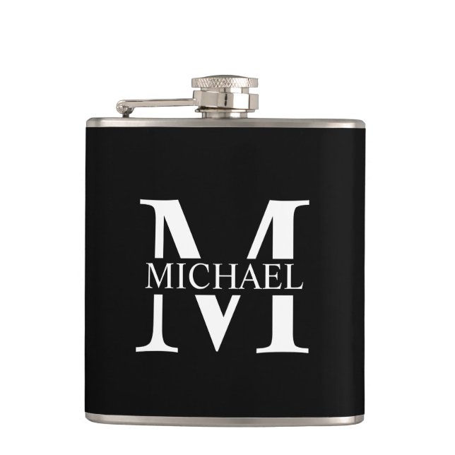 Schwarze Personalisierte Monogramm und Name-Flasch Flachmann (Vorderseite)