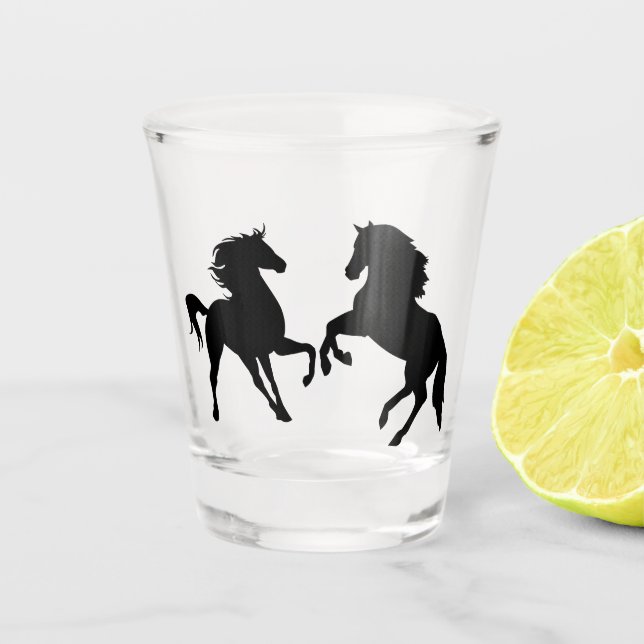 Schwarze Pferde - Silhouette - Zeichnend Schnapsglas (Vorderseite)