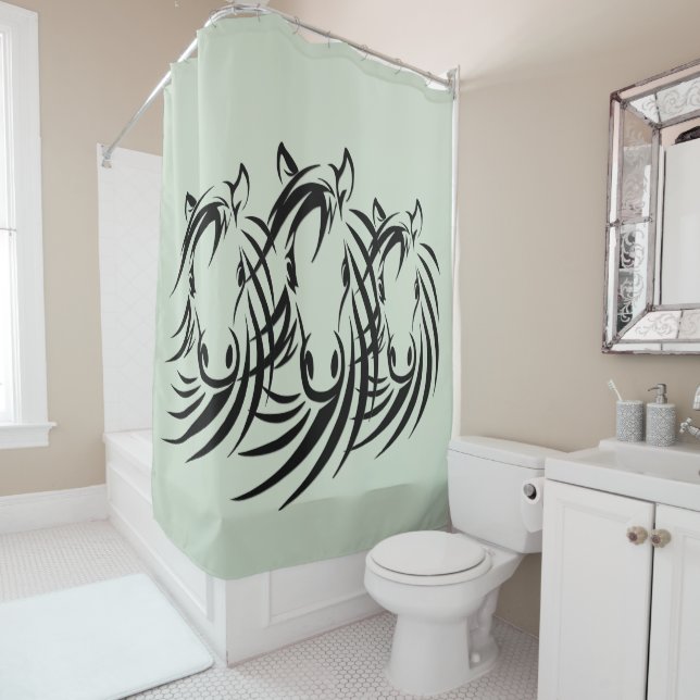 Schwarze Pferdeköpfe grün Duschvorhang (Beispiel)