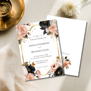Schwarze Pfirsich-Gold-Blumen Hochzeit personalisi Einladung