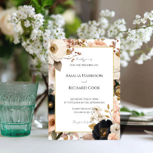 Schwarze Pfirsich-Gold-Blumen Hochzeit personalisi Einladung