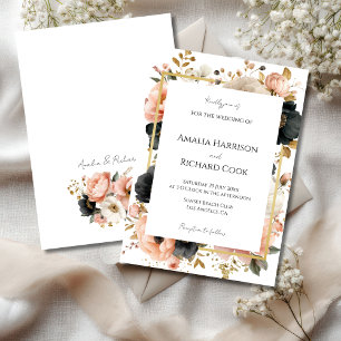 Schwarze Pfirsich-Gold-Blumen Hochzeit personalisi Einladung