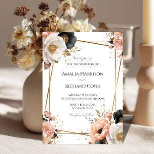 Schwarze Pfirsich-Gold-Blumen Hochzeit personalisi Einladung