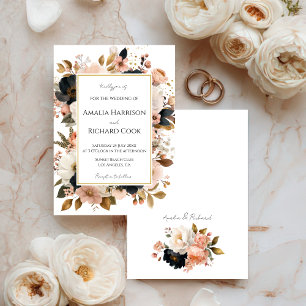 Schwarze Pfirsich-Gold-Blumen Hochzeit personalisi Einladung
