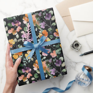 Schwarze Pfirsich Lila Grün Floral Geschenkpapier