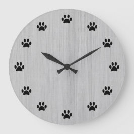 Schwarze Pfoten als Zahlen Silber Rustikales Holz Große Wanduhr