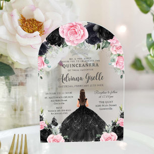 Schwarze Pink Florale Blumen Kleid Silber Quincean Acryleinladungen