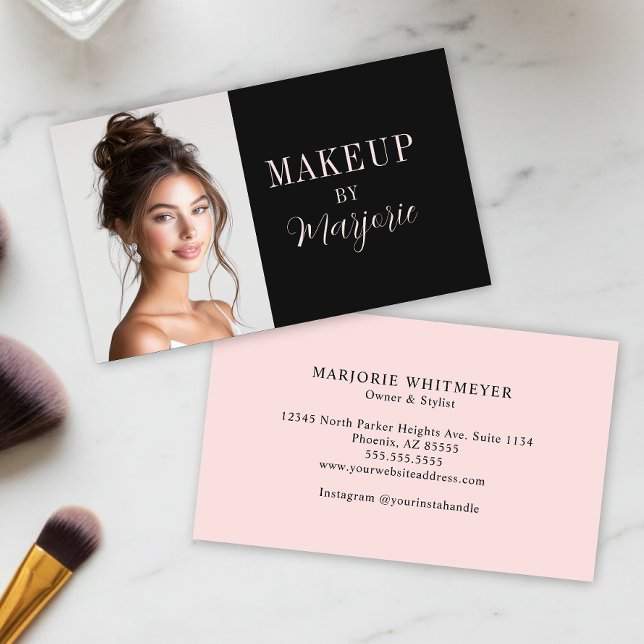 Schwarze Pink moderne Typografie-Schrift Foto-Make Visitenkarte (modern black blush pink script photo makeup business card with modern typography)