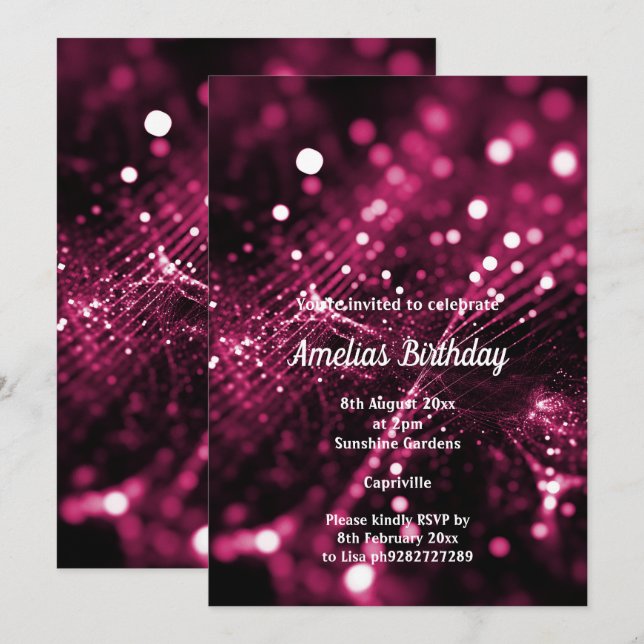 SCHWARZE PINK SATIN DIAMOND WATERFALL BIRTHDAY PAR EINLADUNG (Vorne/Hinten)