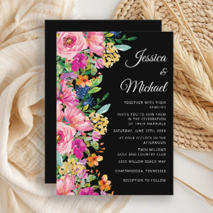 Schwarze Pinke Gelbe Aquarell-Wildblumen-Hochzeit Einladung