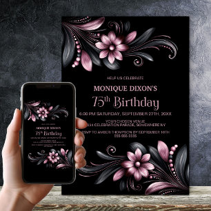 Schwarze pinkfarbene Blumeneinladung zum 75. Gebur Einladung