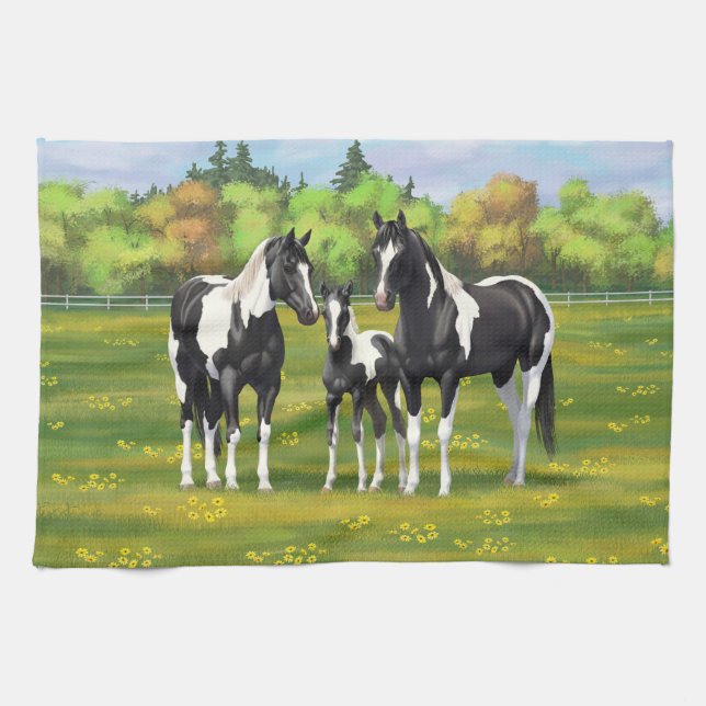 Schwarze Pinto Farbe Quarter Pferde im Sommer Weid Geschirrtuch (Horizontal)