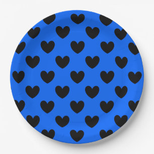 Schwarze Polka Herzen auf blau Pappteller