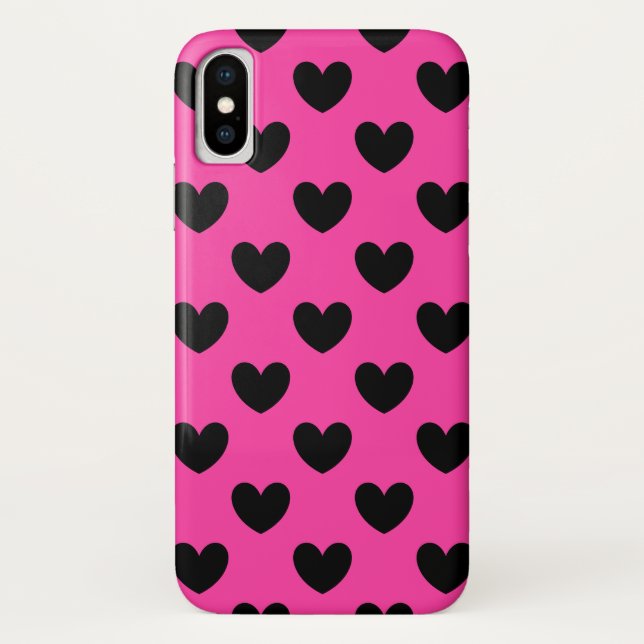 Schwarze Polka Herzen auf Fuchsienrosa Case-Mate iPhone Hülle (Rückseite)
