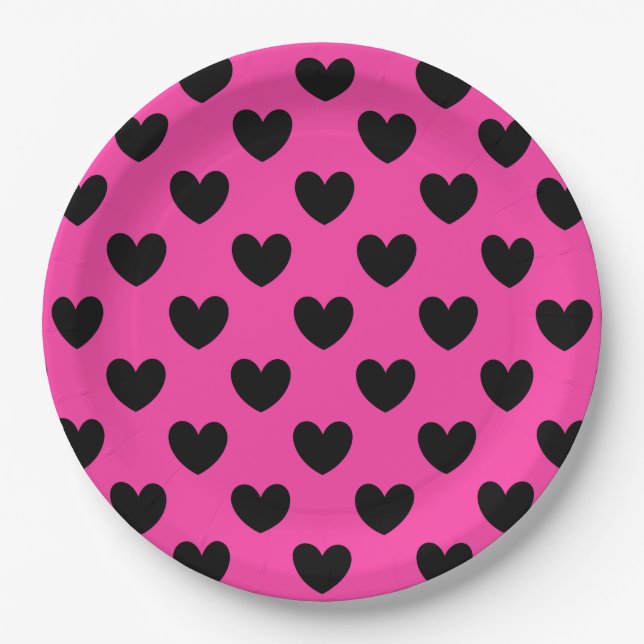 Schwarze Polka Herzen auf Fuchsienrosa Pappteller (Vorderseite)