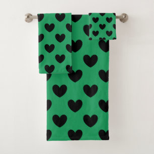 Schwarze Polka Herzen auf Kelly Green Badhandtuch Set