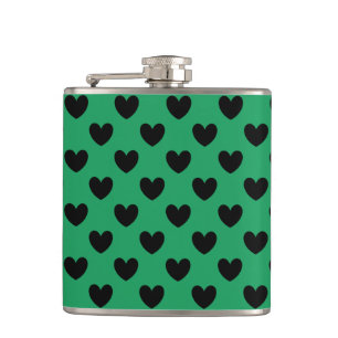 Schwarze Polka Herzen auf Kelly Green Flachmann
