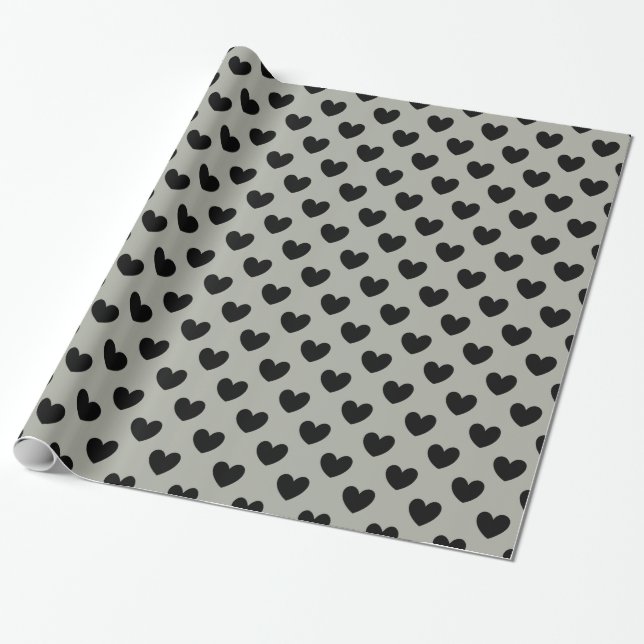 Schwarze Polka Herzen auf Pussywillow Gray Geschenkpapier (Ungerollt)