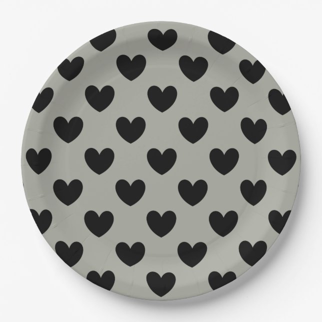 Schwarze Polka Herzen auf Pussywillow Gray Pappteller (Vorderseite)