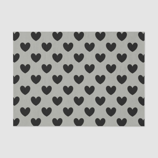Schwarze Polka Herzen auf Pussywillow Gray Seidenpapier (Vorderseite)