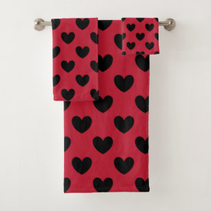 Schwarze Polka Herzen auf rot Badhandtuch Set