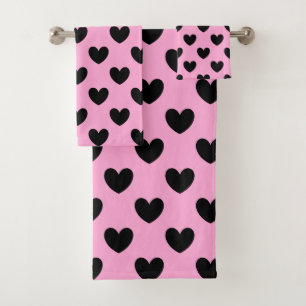 Schwarze Polka Herzen auf Zuckerwatte rosa Badhandtuch Set