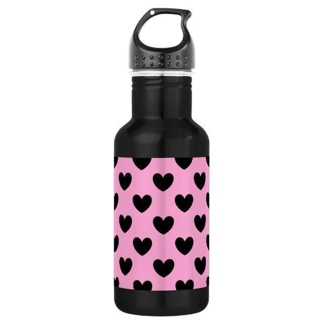 Schwarze Polka Herzen auf Zuckerwatte rosa Edelstahlflasche (Vorderseite)