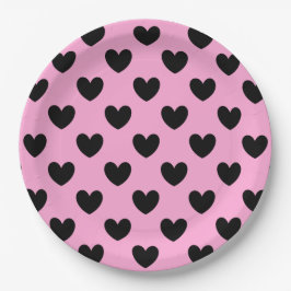 Schwarze Polka Herzen auf Zuckerwatte rosa Pappteller